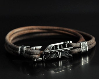 Mens leather wrap bracelet "Innominis 2", Men leather sterling silver bracelet, Mens fashion bracelet, Brutal mens bracelet industrial