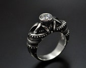Unique engagement silver ring "Regrediendum" | Modern jewelry steampunk rivets silver ring | Cubic zirconia engagement ring