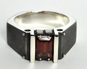 Garnet ring men "Mementotus", Mens hex ring black silver, Industrial steampunk statement ring, Biker ring