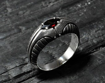 Gothic wedding ring sterling silver 925 "Suarium" | Daily black silver ring | Garnet engagement ring | Silver garnet marquise ring