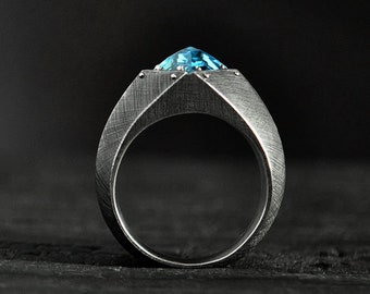 Cyberpunk Blue Topaz Sterling Silver Ring, Geometric Square Design