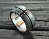 Mens ring black sterling silver "Libertarium", Manly wedding ring, Wide silver ring for men, Men's wide unusual wedding band