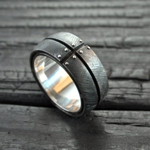 Mens ring black sterling silver "Libertarium", Manly wedding ring, Wide silver ring for men, Men's wide unusual wedding band