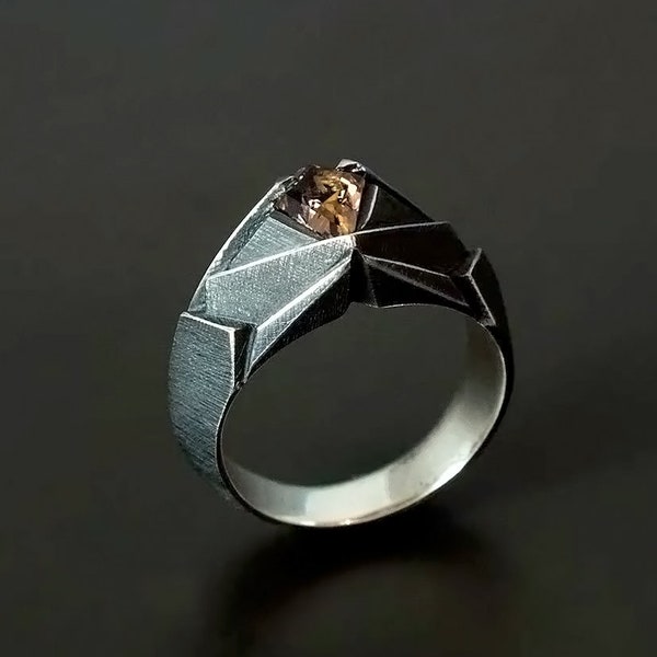 Mens ring Futuristic Cyberpunk ring "Adsolerum", Statement silver modern ring, Mens ring black silver, Citrine ring kite gem for him