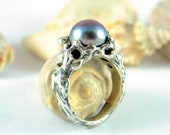 Black pearl black diamond anniversary ring, Beonthesea jewelry silver, Unique ring with pearl for her, Unusual engagement black pearl ring