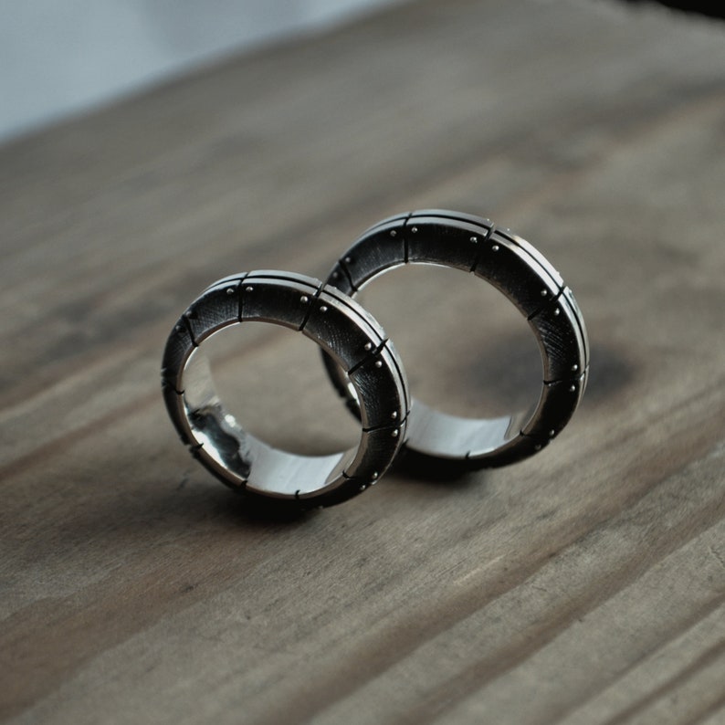 Unusual wedding bands, Couple silver ring set, Alternative wedding rings, Unique rings for couples, Steampunk silver ring Aeternium image 3