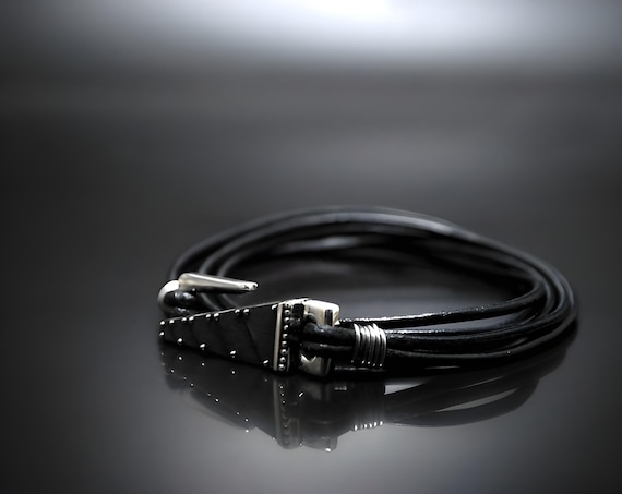 Sterling Silver Hook Leather Wrap Bracelet, Men's Fashion Jewelry