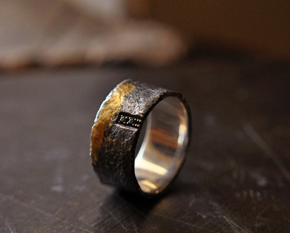 Rustic wide wedding 10 mm mens ring black diamonds Mixed | Etsy