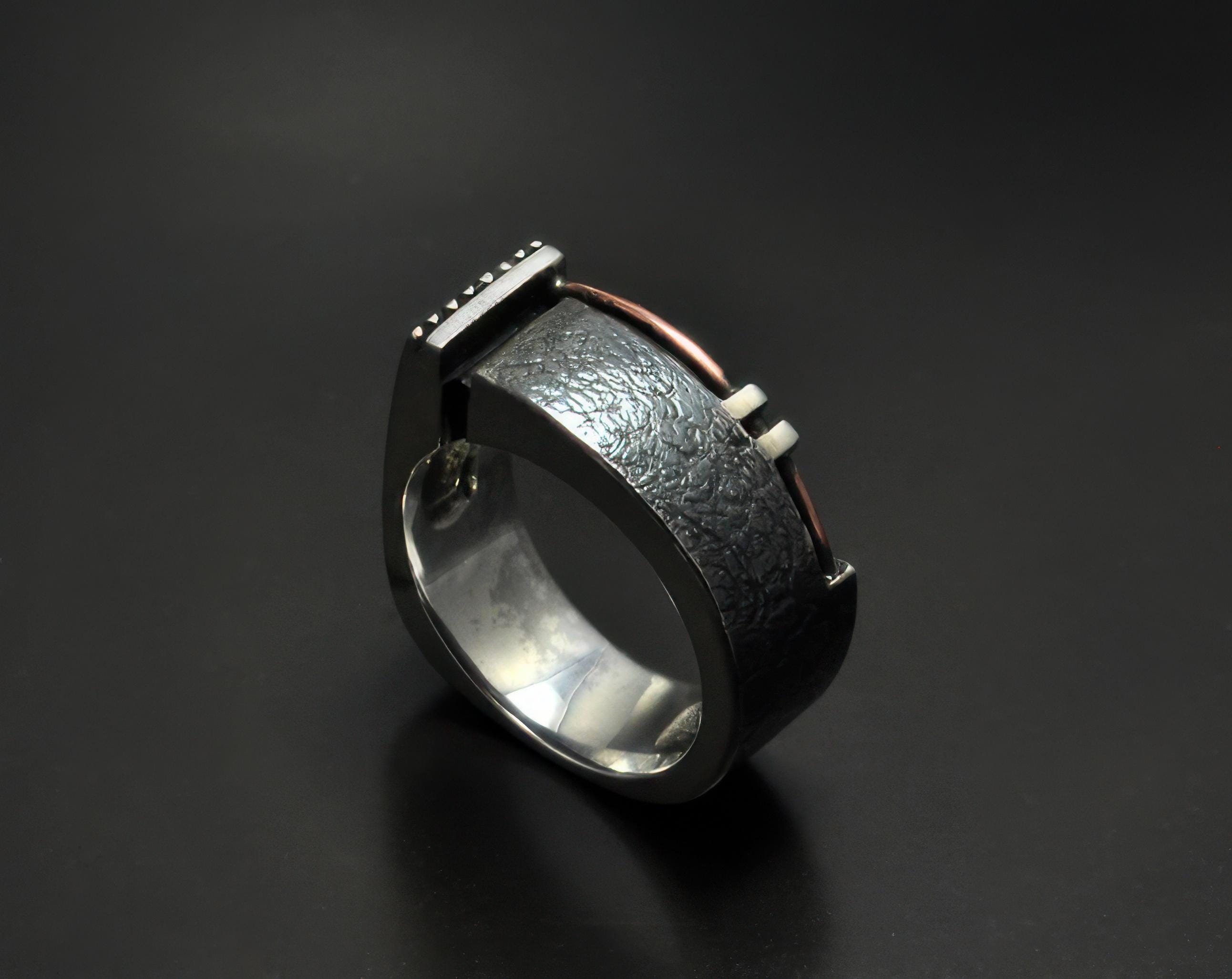 Futuristic Brutalist Mens Ring Cyberpunk Techwear and Post