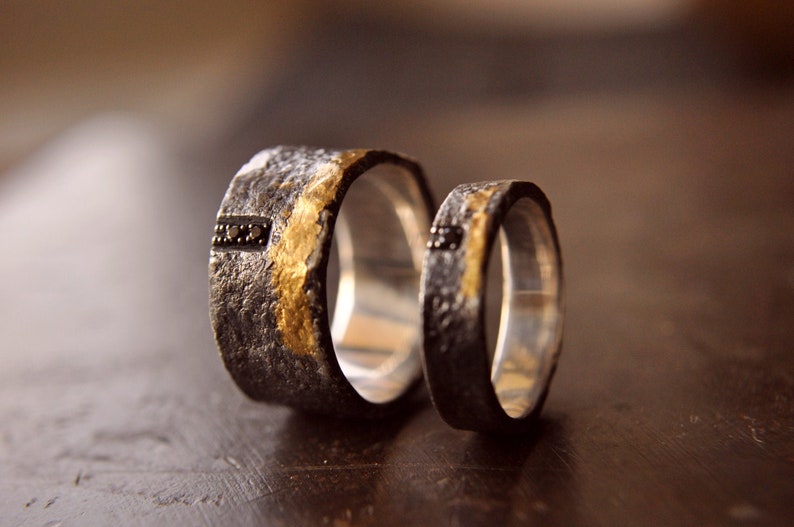 Cool rings wedding bands Keum Boo, Nature wedding rings set, His and hers wedding bands, Gold and Silver couple rings, Diamond wedding bands image 6