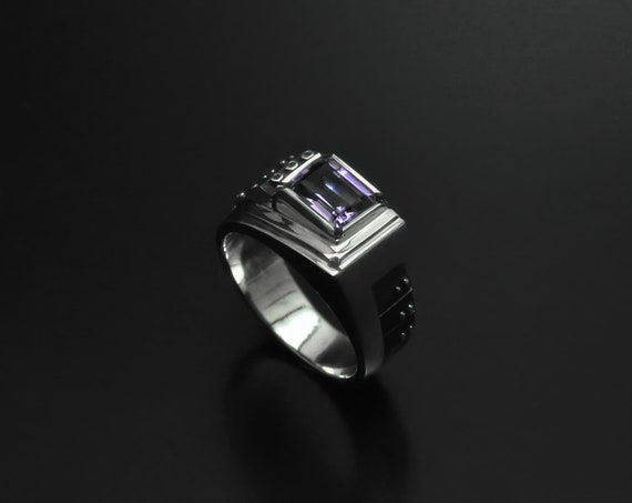 Sterling Silver Amethyst Ring for Men, Artisan Crafted Statement Ring