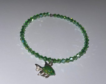 Memory Wire Light Green Bicone Beaded Stacking Bracelet with Silver Tone with Light Green Glitter Enamel Fish Charm