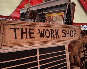 1900s The Workshop Sign Folk Art Metal Hand painted Country Black and White