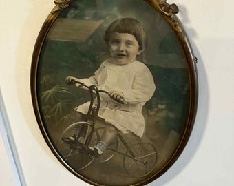 VTG 1890s Victorian Child on Tricycle Hand Colored Photo with Ornate Oval Frame