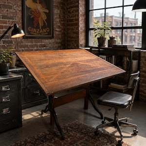 May include: A large, rectangular wooden drafting table with a dark, weathered finish and a slanted top surface. The table is supported by a sturdy, black metal frame with curved legs. A matching black metal office chair with a padded seat is positioned.