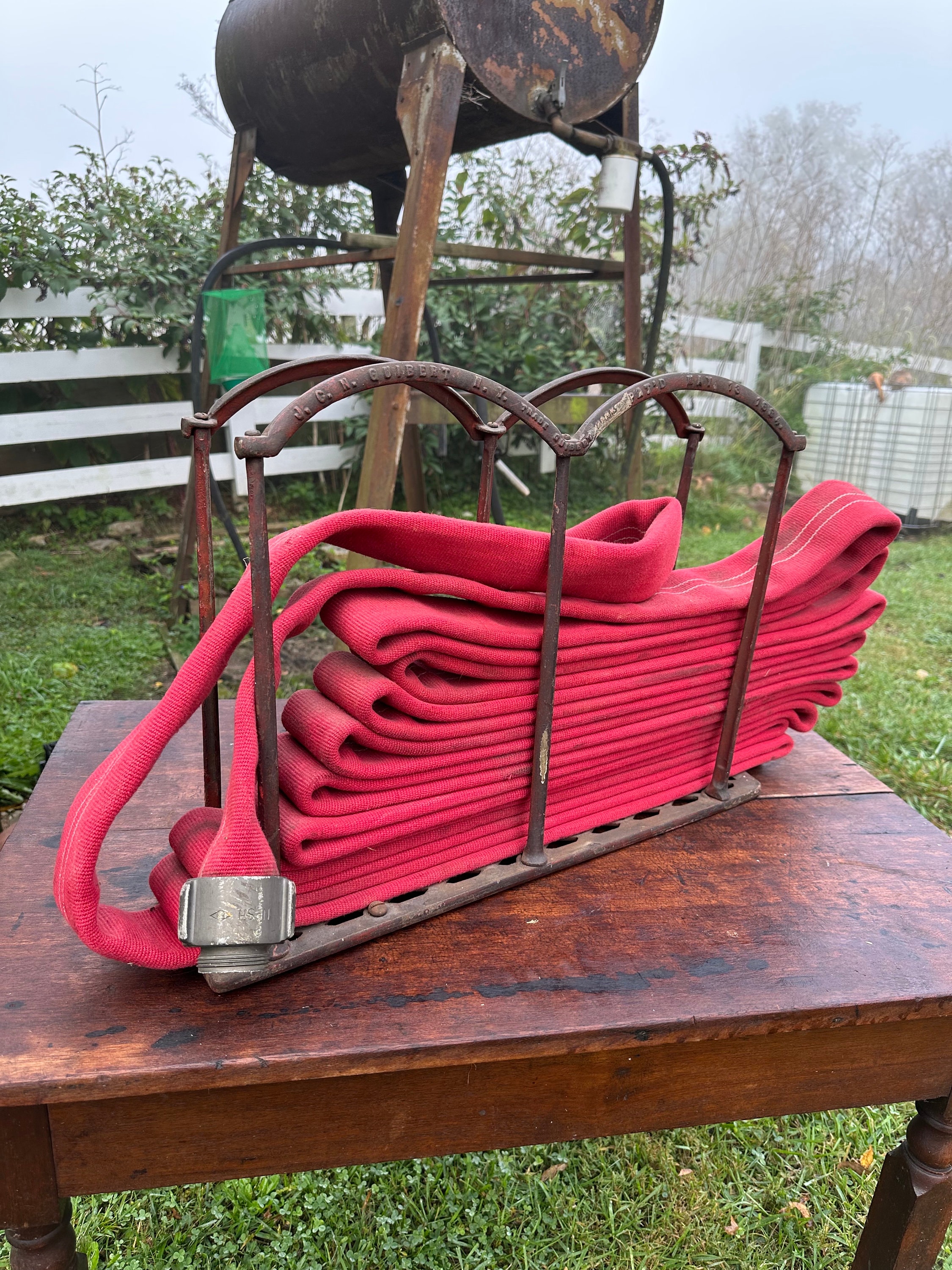 Vintage Firehose Reel On Large-Wheel Metal Cart w/ Firehose