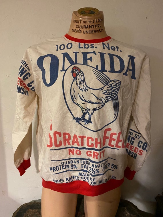 1950s Feed Sack Oneida Chicken Sweatshirt Farmhous