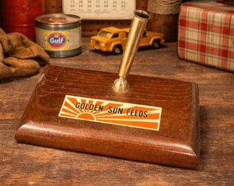 Vintage Golden Sun Feeds Pen Holder 1960s Farm Advertising Desk Set Wood Base Rustic Office Decor Agricultural Memorabilia