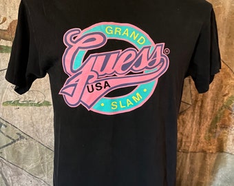 VINTAGE 1980s GUESS Grand Slam Black T-Shirt, One Size Fits All Street Wear