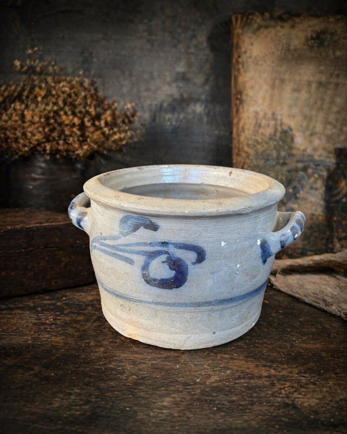 Antique 1880s Salt Glaze Stoneware Crock with Cobalt Blue Design Primitive Farmhouse Pottery Rustic Kitchen Decor