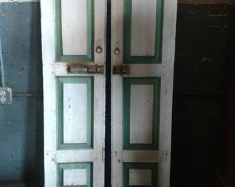 1820s Wooden Primitive Shutter Doors Paneled Green and White Paint Farmhouse Barn Wall Decor