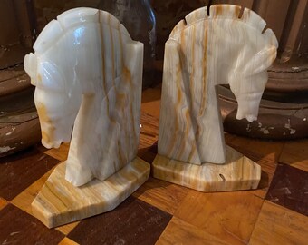 Antique 1950s Horse Sculpture Marble Bookends Studio Western Study American Souvenir Mid Century Equestrian