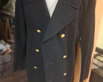 Abrigo marinero vintage de lana 100% de la Marina de los EE. UU. para hombre, talla 42R, color negro, de doble botonadura.