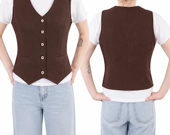 Vintage 80s Brown Power Vest Womens Button Front Minimalist Waistcoat Small Medium