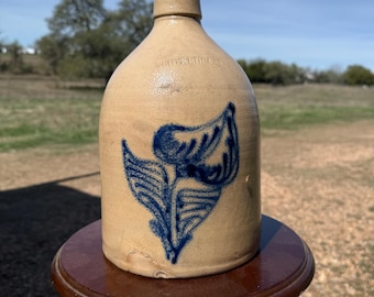 Antique Whites Utica NY Salt Glaze Stoneware Jug - 1880s Cobalt Blue Floral Lily Decoration - 1 Gallon Primitive Crock