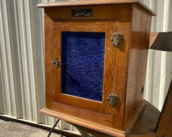 1930s Antique Scientific Supply Medical Cabinet Oak apothecary Barber Sterilizer Case