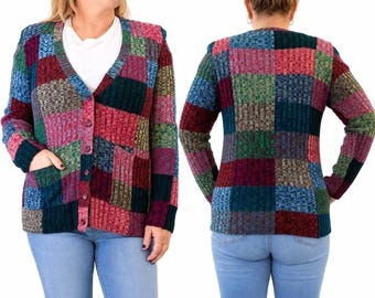 Vintage Patchwork Knit Cardigan Sweater Cottagecore Grandpa Style Women’s Medium