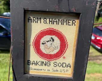 Letrero publicitario vintage de los años 40 de Arm & Hammer, bordado a punto de aguja, enmarcado, arte popular, decoración de pared para cocina.