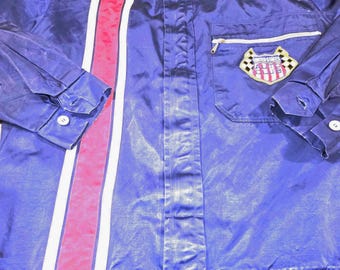 Vintage Racing Jacket 60s 70s Blue Nylon Satin Striped USA Patch Windbreaker