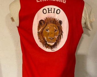 1960s Lynchburg OH Vest Lions Club VTG Lion Graphic Union Made Flocked Art Fringe Bottom