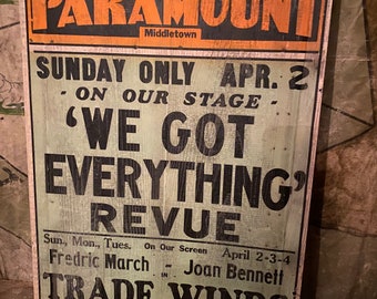 Rare 1940’s Movie Paramount Theatre Movie Poster OH Middletown Trade Winds We Got Everything Revue