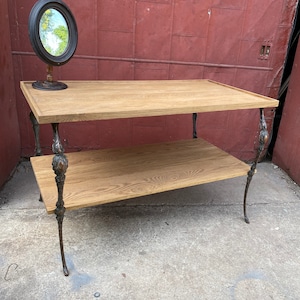 1910s Japan Finish Cast Iron/Oak Mercantile Table Industrial Victorian TV Stand Entryway Plant Stand