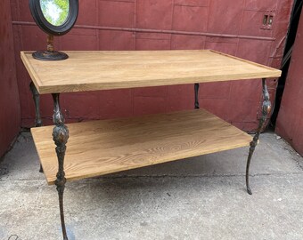 1910s Japan Finish Cast Iron/Oak Mercantile Table Industrial Victorian TV Stand Entryway Plant Stand