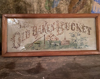 Antique 1900s Victorian Punch Paper Needlepoint The Old Baken Bucket House Cross Stitch Embroidery