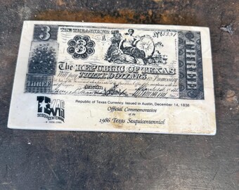 1986 Texas Sesquicentennial Republic Of Texas Currency Ceramic Tile Commemorative