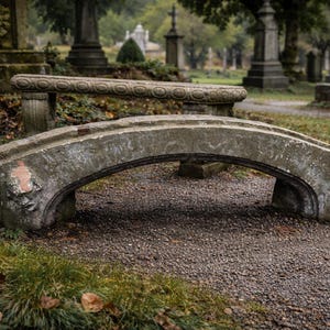May include: A weathered, arched stone bridge in a cemetery setting. The bridge is made of gray stone with visible wear and tear. The background features other stone structures and monuments, with green foliage and a gravel path.