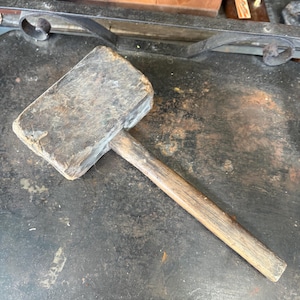 Antique Primitive Wooden Mallet - 19th Century Hand-Carved Carpenter Hammer - Rustic Farmhouse Decor - 1890s Industrial Tool - Shop Prop