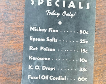 Letrero vintage de ofertas especiales de farmacia, decoración divertida para bar, mostrador de botica, publicidad retro para pared.