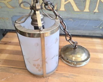 Antique After Sunset Lightolier, Ceiling Pendant Lantern Etched Frosted Glass