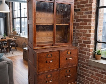 1920s Oak File Cabinet with Glass Doors – Industrial Jeweler Ledger Cabinet Ohio