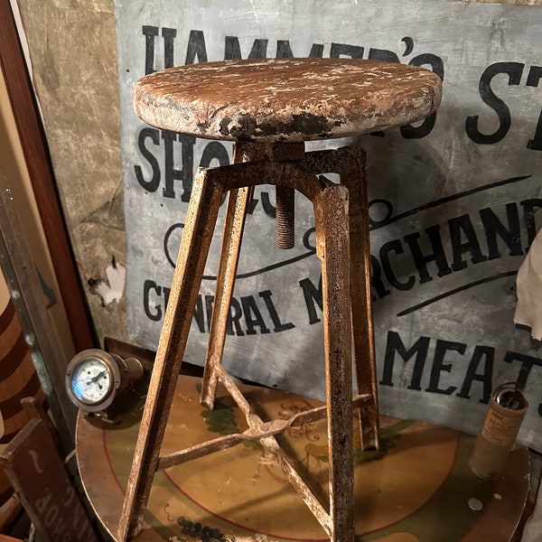 1930s Industrial Angle Iron Co Draftsman Stool Chair Metal Seat and Back Desk Kitchen Office