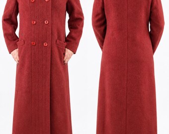 Vintage 1970s Women’s Red Wool Blend Long Coat Double Breasted Mod Winter Jacket
