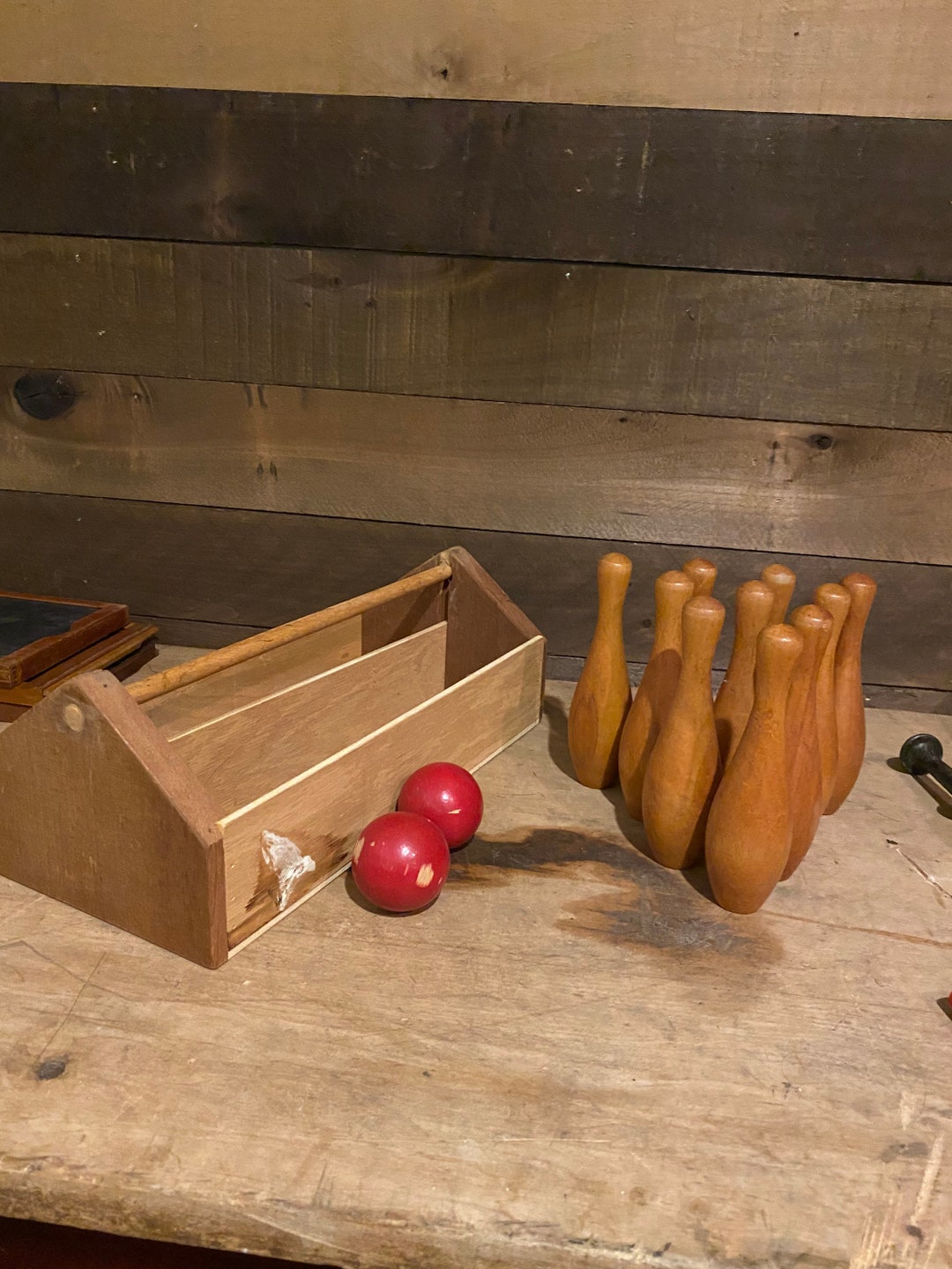 1940s Wood Pins Mini Bowling Vintage Carnival Knockdown Game W/ Carrier
