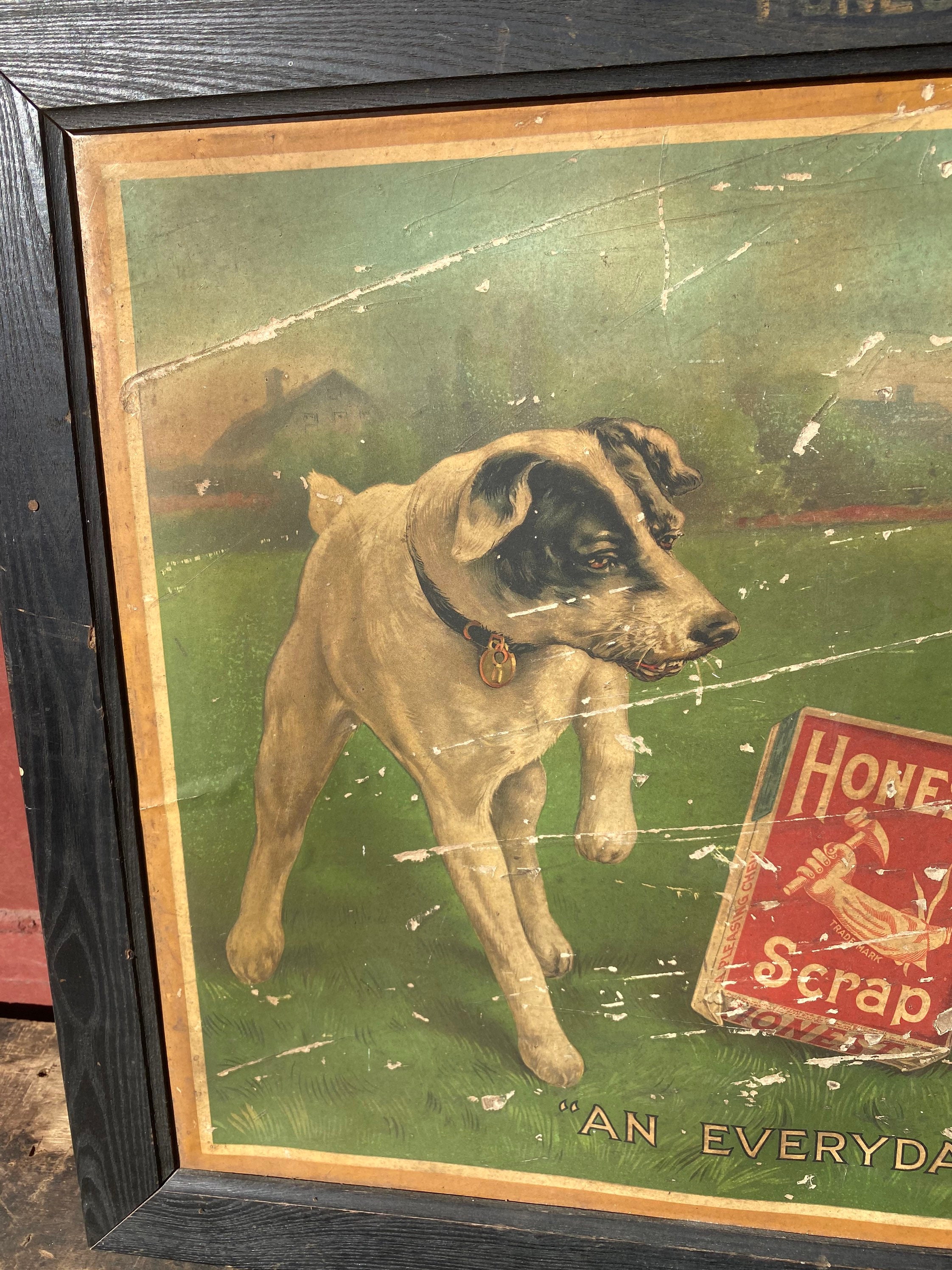 RARE Antique 1900s Honest Scrap Tobacco Chromolithograph Framed Advertising  Sign Cat Dog Country Western Farmhouse