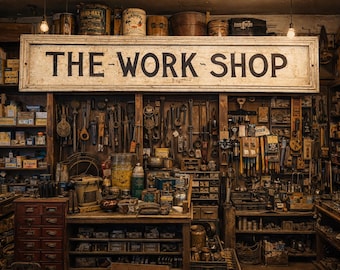 1900s The Workshop Sign Folk Art Metal Hand painted Country Black and White