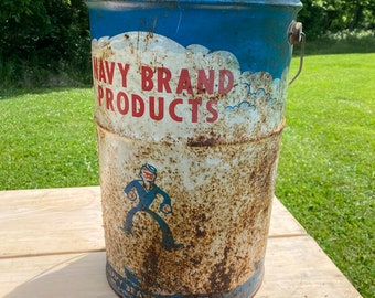 Vintage 1900s Tin Navy Brand Products USA Trash Can Sailor Country Advertising American Flag Missouri